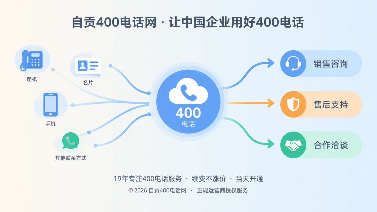 企业分散联系方式汇聚到400电话统一入口的扁平化插画