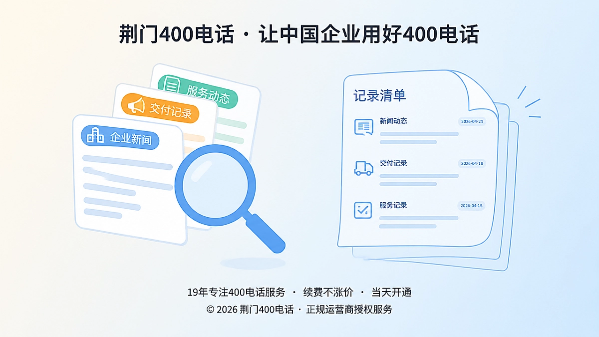 扁平化档案卡片与记录清单构成的左图右文式首图，表现企业通信服务的公开记录